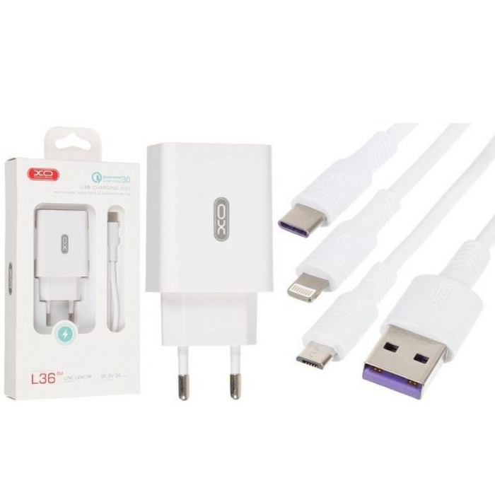 МЗП XO L36 адаптер 1USB / QC3.0 / 3А + Micro white